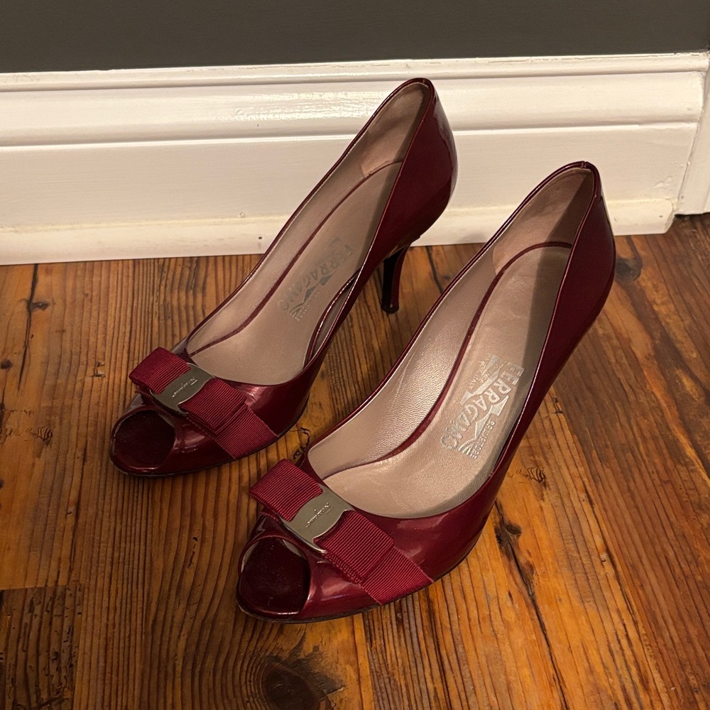 Salvatore Ferragamo Burgundy Patent Peep-Toe Pumps with Grosgrain Bow